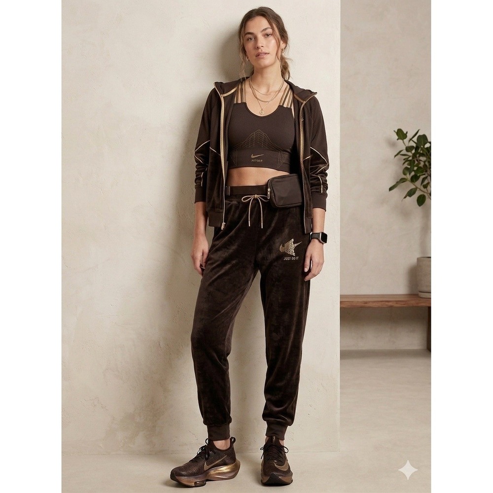 Nike Women's Brown Velour Jogger Pants Just Do It Drawstring Elastic Waist